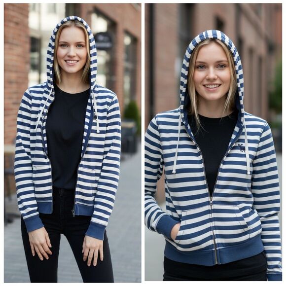 Abercrombie Y2K Striped Double Zipper Zip Up Hoodie Hooded Sweatshirt Size L - Picture 1 of 11
